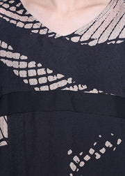 Loose Black Print O-Neck Batwing Sleeve Silk Dresses Summer - SooLinen