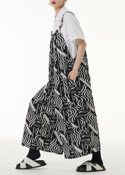 Loose Black Print Pockets Patchwork Silk Cotton Jumpsuits Sleeveless