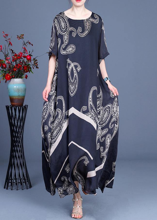Loose Black Print Short Sleeve Silk Ankle Dress Summer - SooLinen