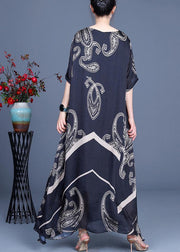 Loose Black Print Short Sleeve Silk Ankle Dress Summer - SooLinen