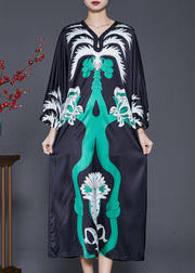 Loose Black Print Side Open Silk Long Dress Spring