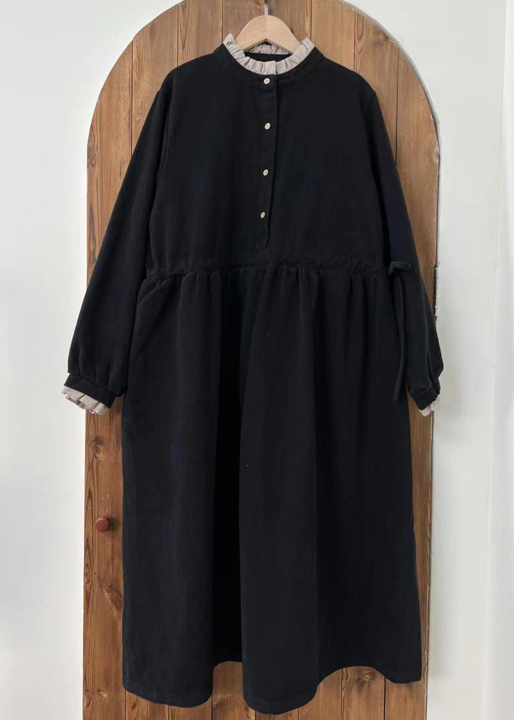 Loose Black Ruffled Button Cotton Long Dress Spring