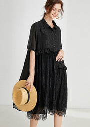 Loose Black Ruffles Lace Patchwork Chiffon Dress Summer