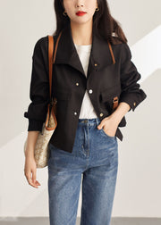 Loose Black Stand Collar Button Patchwork Cotton Coat Fall