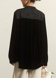 Loose Black Stand Collar Button Patchwork Silk Velour Top Long Sleeve