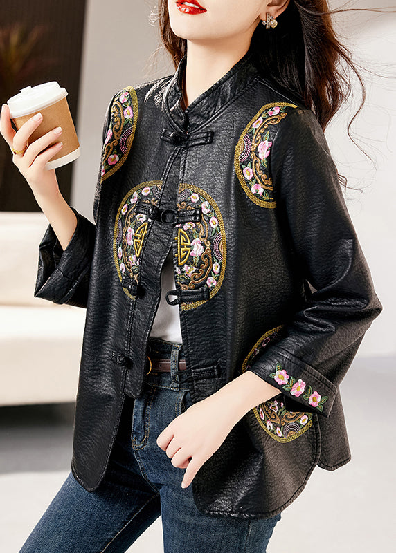 Loose Black Stand Collar Embroidered Chinese Button Faux Leather Jacket Fall
