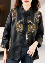 Loose Black Stand Collar Embroidered Chinese Button Faux Leather Jacket Fall