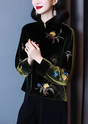 Loose Black Stand Collar Embroidered Patchwork Silk Velour Top Long Sleeve