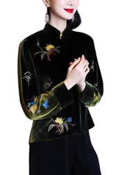 Loose Black Stand Collar Embroidered Patchwork Silk Velour Top Long Sleeve