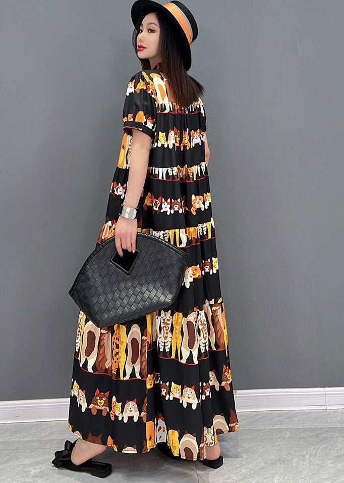 Loose Black Stand Collar Oversized Wrinkled Character Print Chiffon Long Dresses Short Sleeve