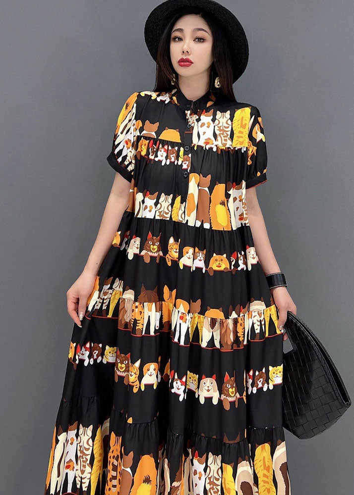 Loose Black Stand Collar Oversized Wrinkled Character Print Chiffon Long Dresses Short Sleeve