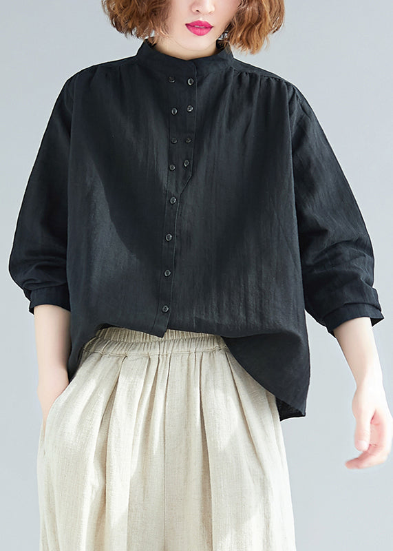 Loose Black Stand Collar Patchwork Cotton Shirt Tops Fall