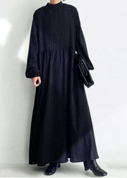 Loose Black Stand Collar Print Exra Large Hem Chiffon Maxi Dress Spring