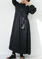 Loose Black Stand Collar Print Exra Large Hem Chiffon Maxi Dress Spring