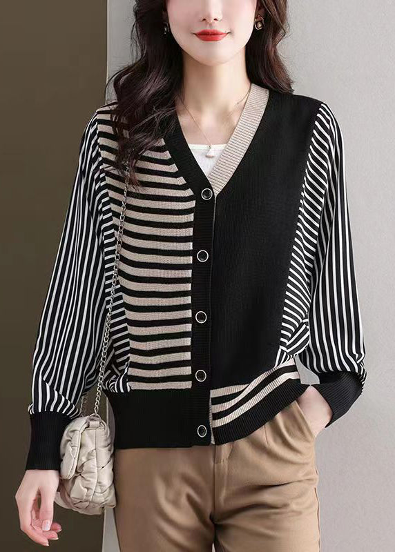 Loose Black Striped Button Patchwork Knit Cardigan Fall