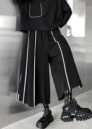 Loose Black Striped Elastic Waist Patchwork Cotton Wide Leg Pants Fall