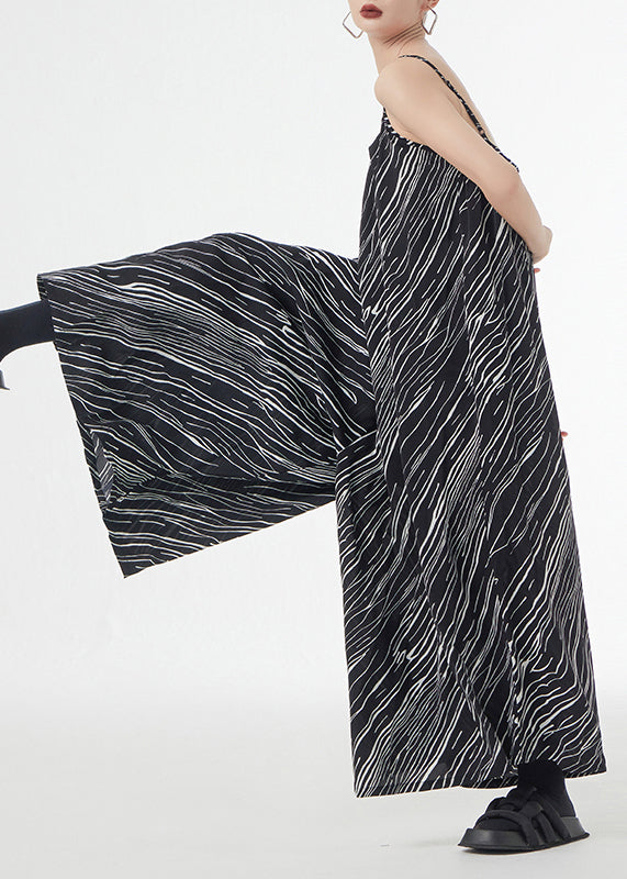 Loose Black Striped Patchwork Silk Cotton Wide Leg Jumpsuits Sleeveless