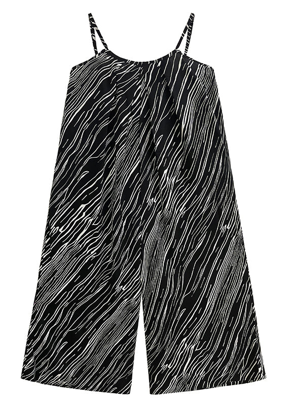 Loose Black Striped Patchwork Silk Cotton Wide Leg Jumpsuits Sleeveless