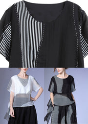 Loose Black Striped Patchwork Silk Tops Short Sleeve