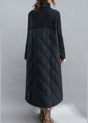 Lockeres schwarzes Rollkragenkleid mit feiner Baumwolle, gefülltes Knöchelkleid Winter