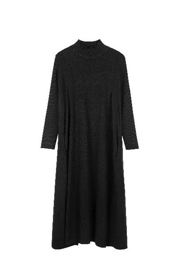 Loose Black Turtle Neck Solid Color Exra Large Hem Knitwear Dress Long Sleeve