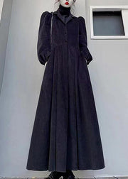 Loose Black Turtleneck Pockets Patchwork Corduroy Maxi Dress Fall