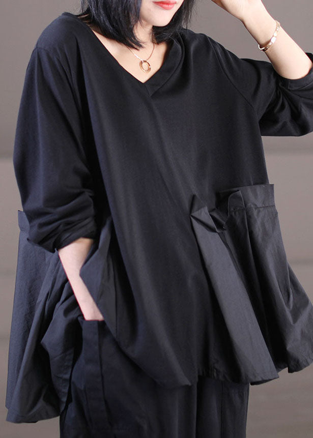 Loose Black V Neck Asymmetrical Design Patchwork Wrinkled Cotton Top Long Sleeve
