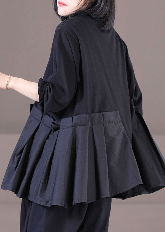 Loose Black V Neck Asymmetrical Design Patchwork Wrinkled Cotton Top Long Sleeve