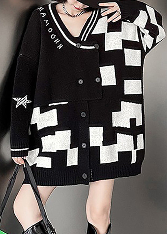 Loose Black V Neck Asymmetrical Patchwork Plaid Button Knit Cardigan Spring