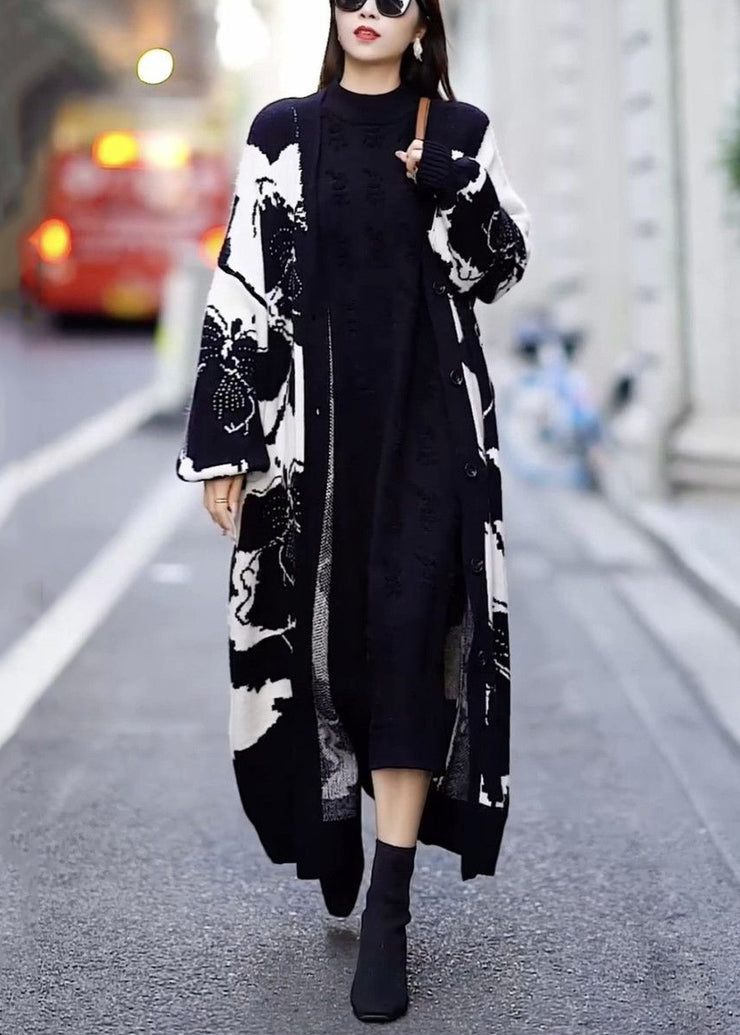 Loose Black V Neck Button Patchwork Knit Knit Sweater Maxi Coat Fall