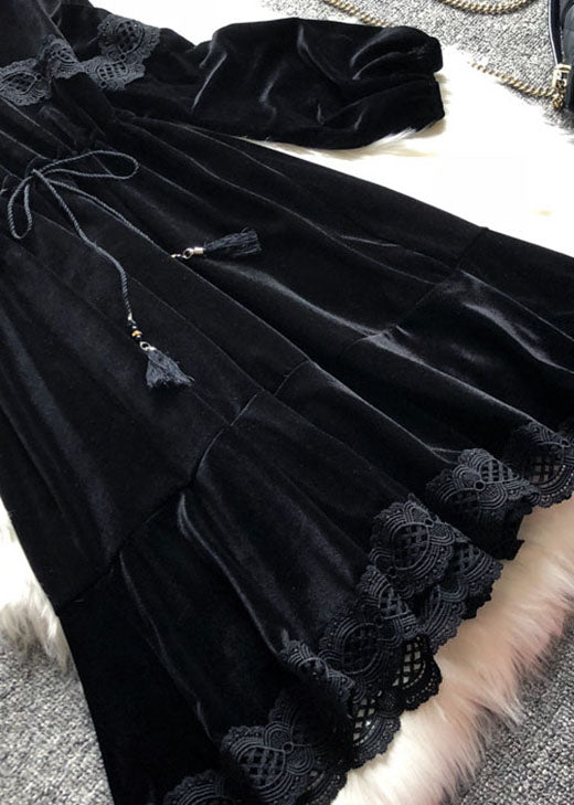 Loose Black V Neck Cinched Patchwork Velour Dress Winter