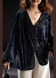 Loose Black V Neck Embroidered Button Velour Top Long Sleeve