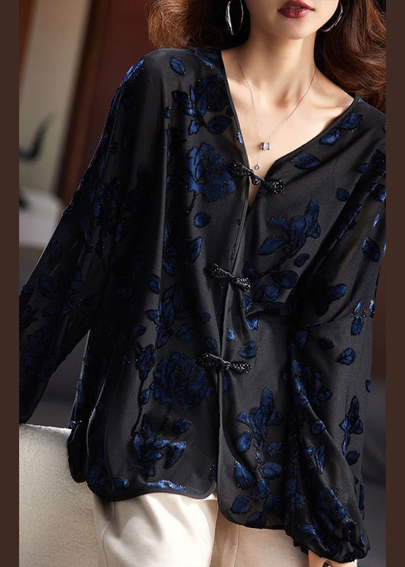 Loose Black V Neck Embroidered Button Velour Top Long Sleeve