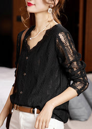 Loose Black V Neck Hollow Out Patchwork Lace Tops Long Sleeve