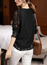 Loose Black V Neck Hollow Out Patchwork Lace Tops Long Sleeve