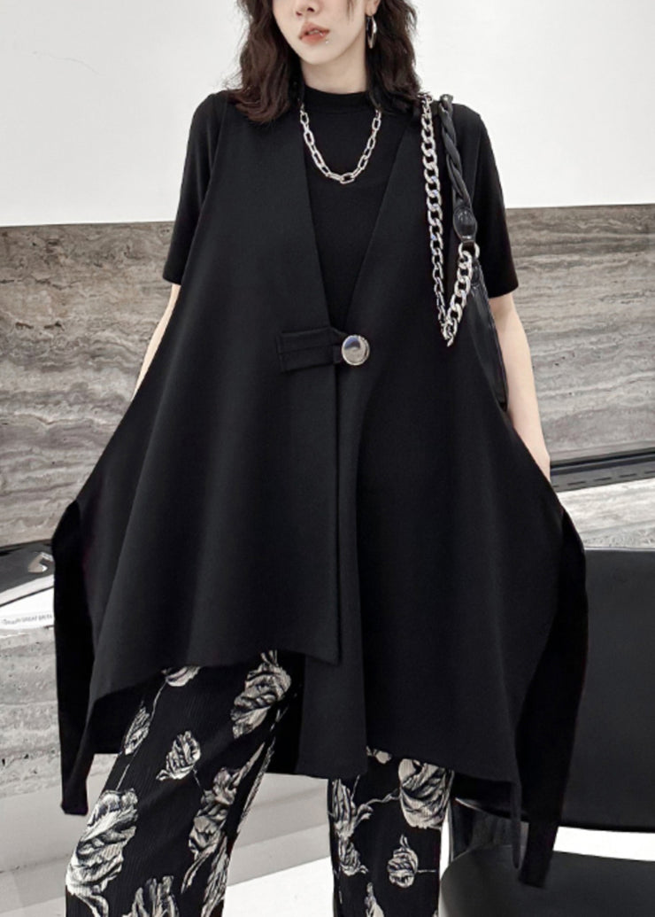 Loose Black V Neck Low High Design Patchwork Cotton Waistcoat Sleeveless
