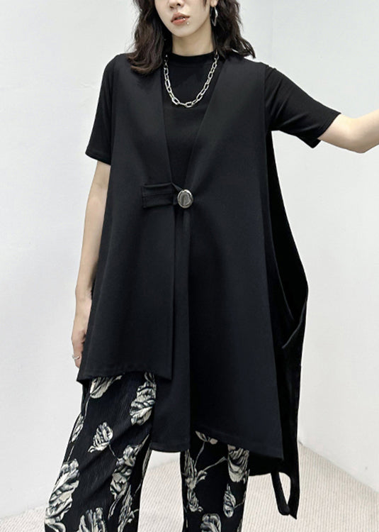 Loose Black V Neck Low High Design Patchwork Cotton Waistcoat Sleeveless
