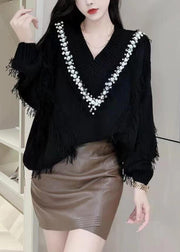 Loose Black V Neck Nail Bead Patchwork Cotton Knit Top Long Sleeve