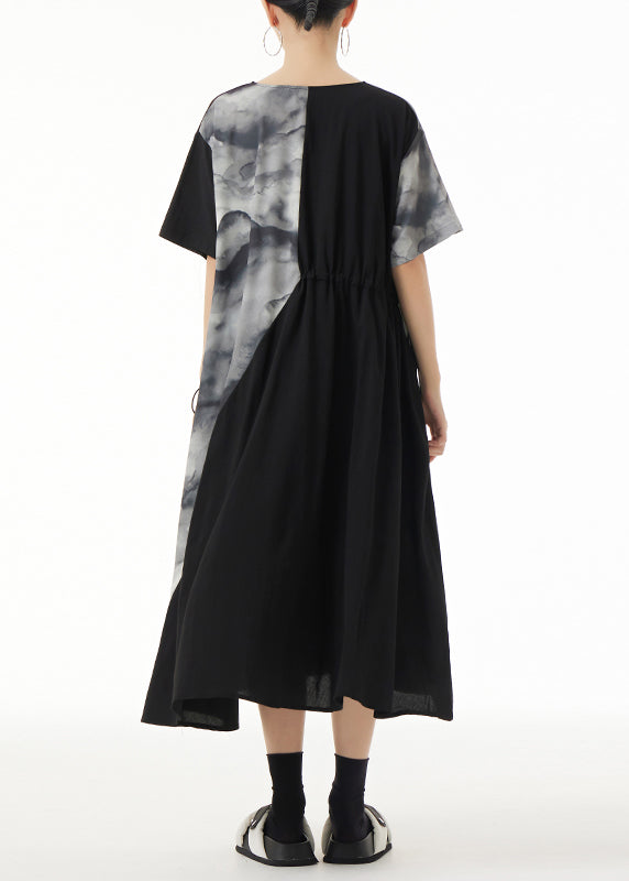 Loose Black V Neck Print Patchwork Maxi Dresses Summer