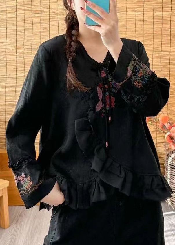 Loose Black V Neck Ruffled Embroidered Floral Button Shirt Long Sleeve
