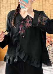 Loose Black V Neck Ruffled Embroidered Floral Button Shirt Long Sleeve