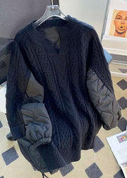 Loose Black V Neck Thick Patchwork Cable Knit Sweaters Winter