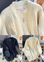 Loose Black V Neck Thick Patchwork Cable Knit Sweaters Winter