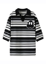 Loose Black White Striped Square Collar Cotton T Shirts Bracelet Sleeve