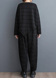 Loose Black Wrinkled Patchwork Tops And Harem Pants Cotton Two Pieces Set Fall