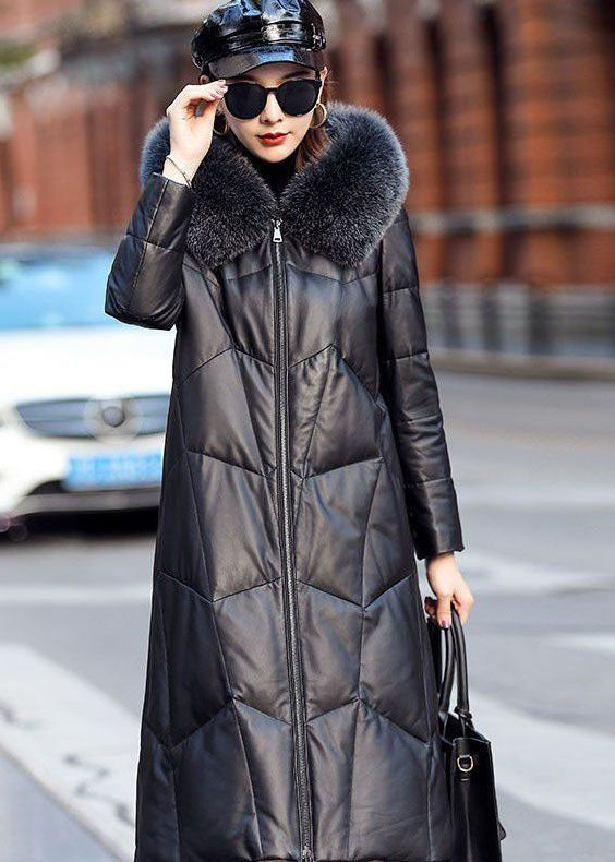 Loose Black Zip Up Fox Collar Patchwork Duck Down Puffer Coats Winter