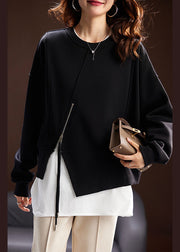 Loose Black Zippered Front Open Cotton Sweatshirt Long Sleeve