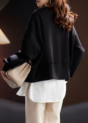 Loose Black Zippered Front Open Cotton Sweatshirt Long Sleeve
