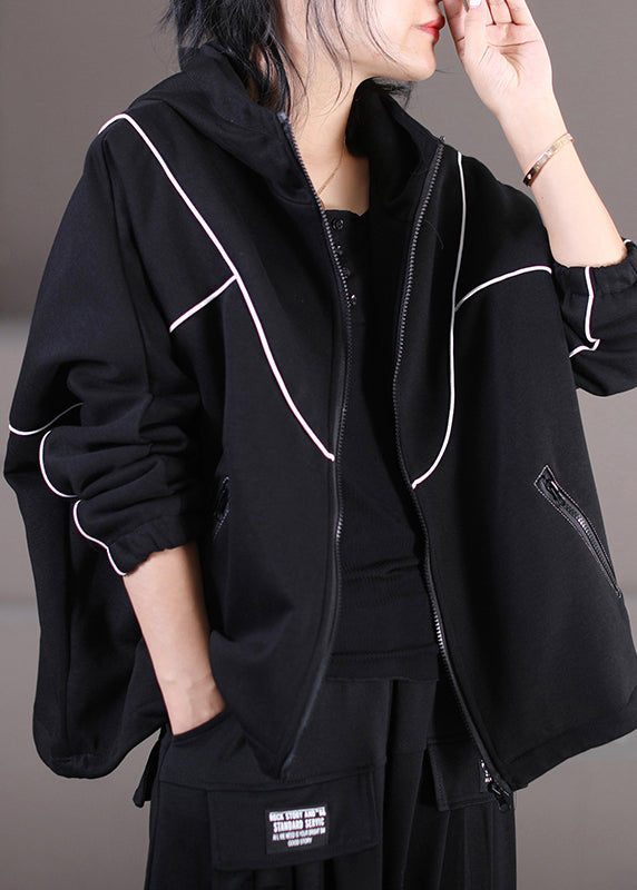 Loser schwarzer Patchwork-Taschen-Baumwollmantel mit Kapuze und langen Ärmeln
