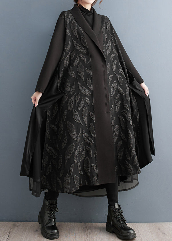 Loose Black Zippered Print Tulle Patchwork Long Trench Coat Fall